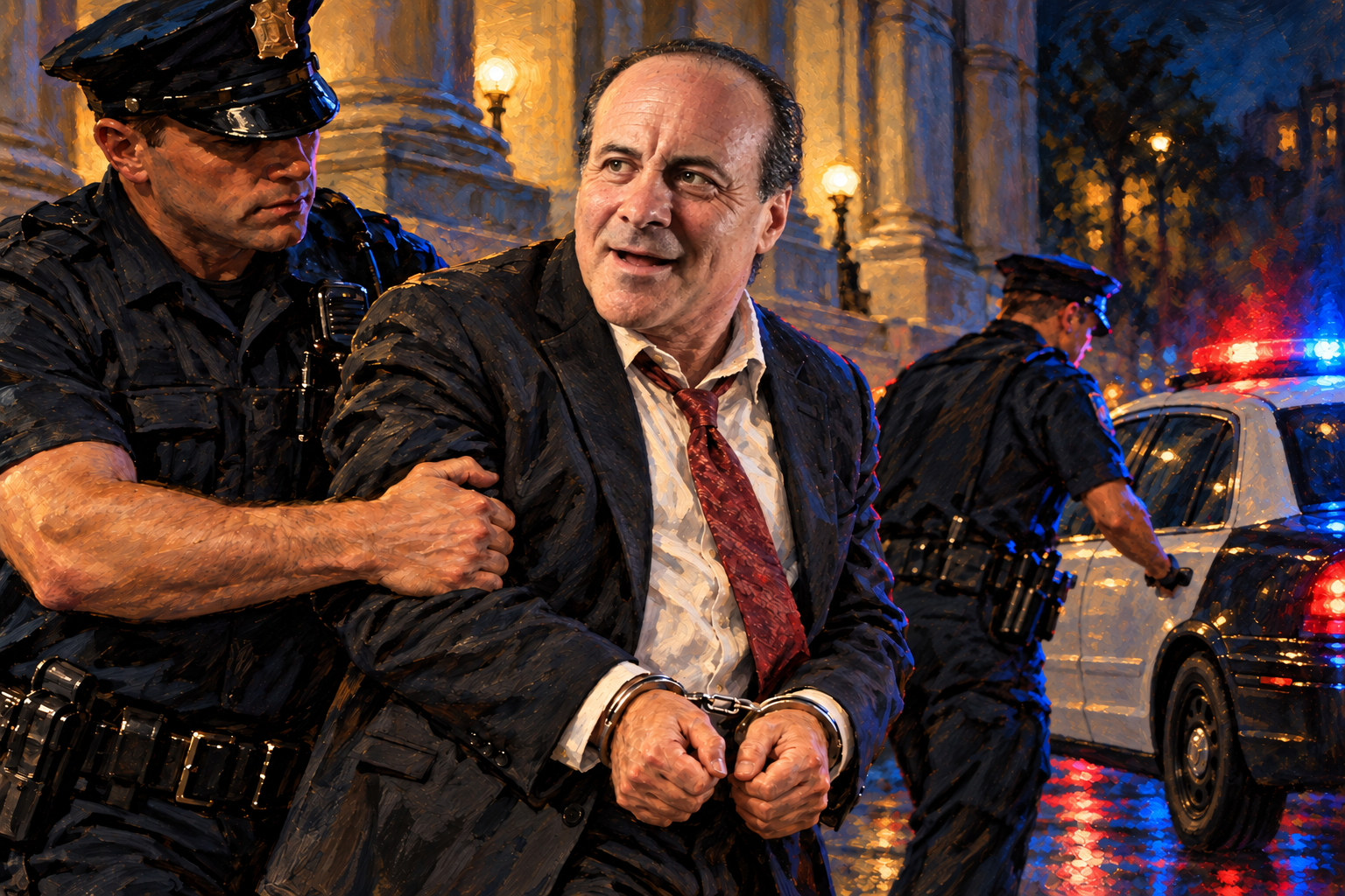 Editorial illustration imagining Edward Andrew Weinhaus in handcuffs as police escort him away